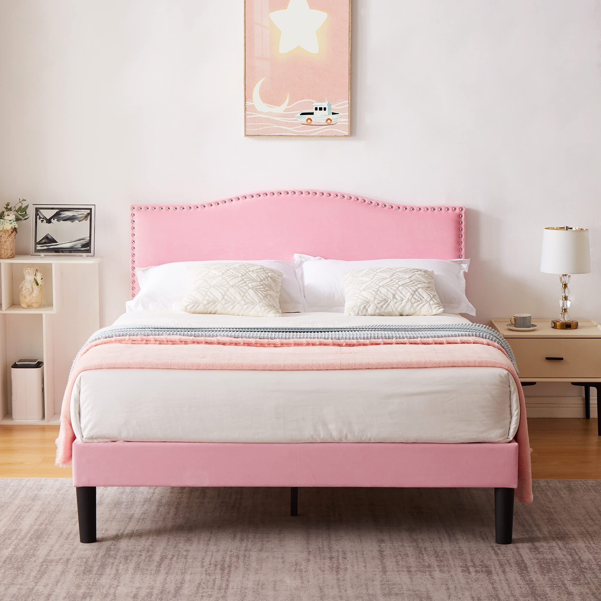 VECELO Queen Bed Frame Platform Bed Frame with Upholstered Headboard, Strong Frame and Wooden Slats Support, Strong Weight Capacity, Non-Slip and Noise-Free, Easy Assembly,Pink