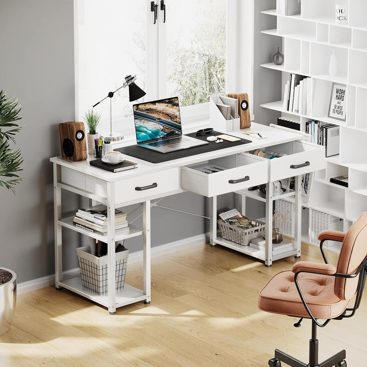 Office Small Computer Desk: Home Table with Fabric Drawers & Storage Shelves