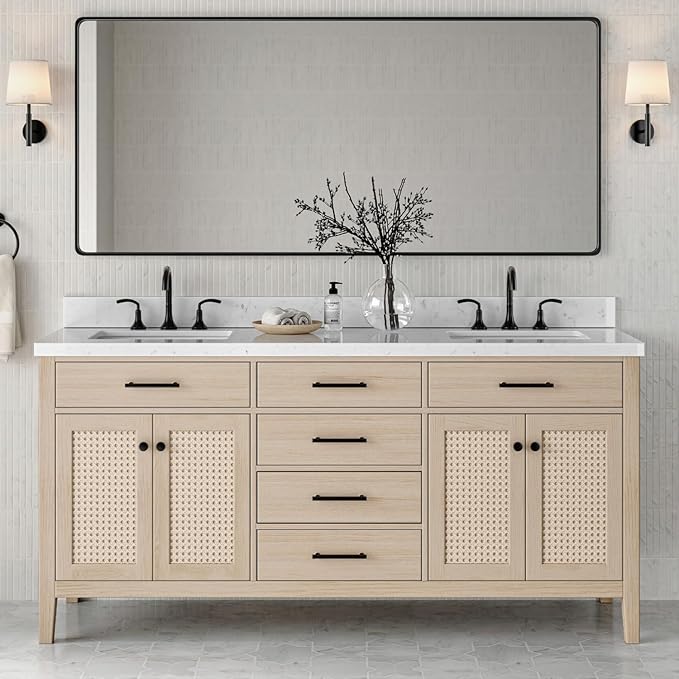 Ariel White Oak Bathroom Vanity – 48" to 72" with Quartz Top & Sink