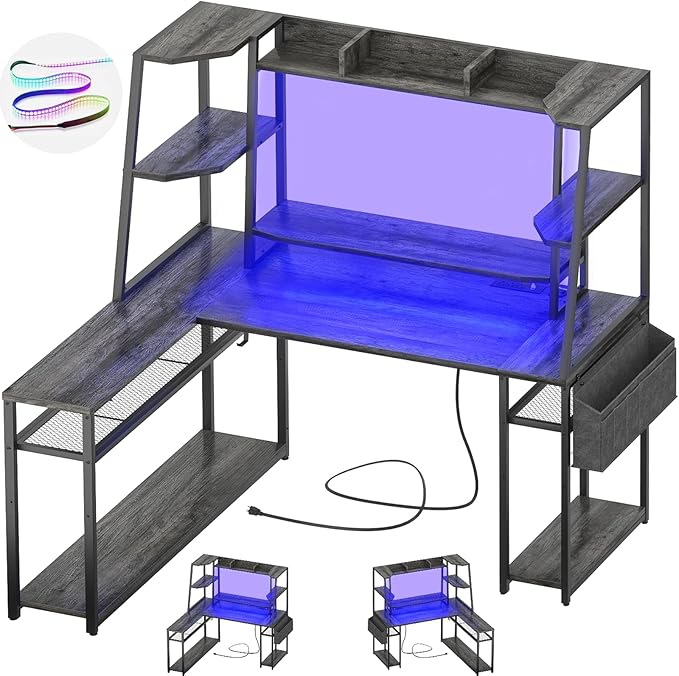 L Shaped Gaming Desk with Hutch - 47" Reversible Computer Desk