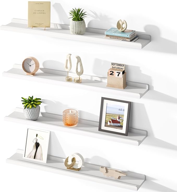 White Floating Shelves for Wall Set of 4, Wood Wall Shelves with Lip