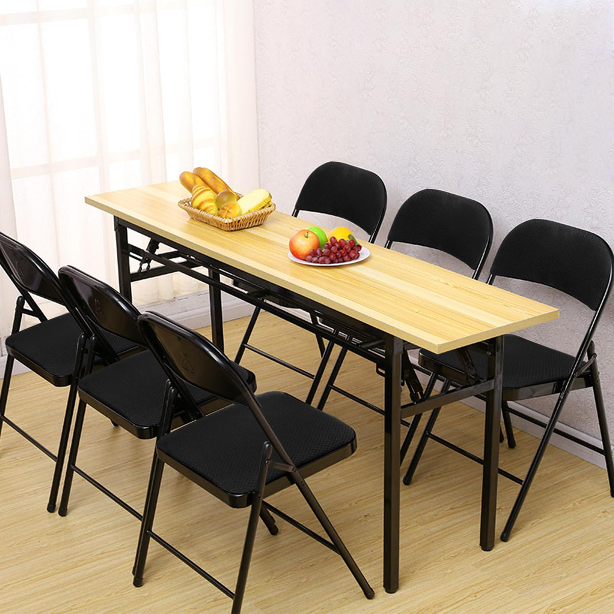 Folding Chairs with Cushion 6 Pack - Black Fabric Padded Folding Chair with Steel Frame