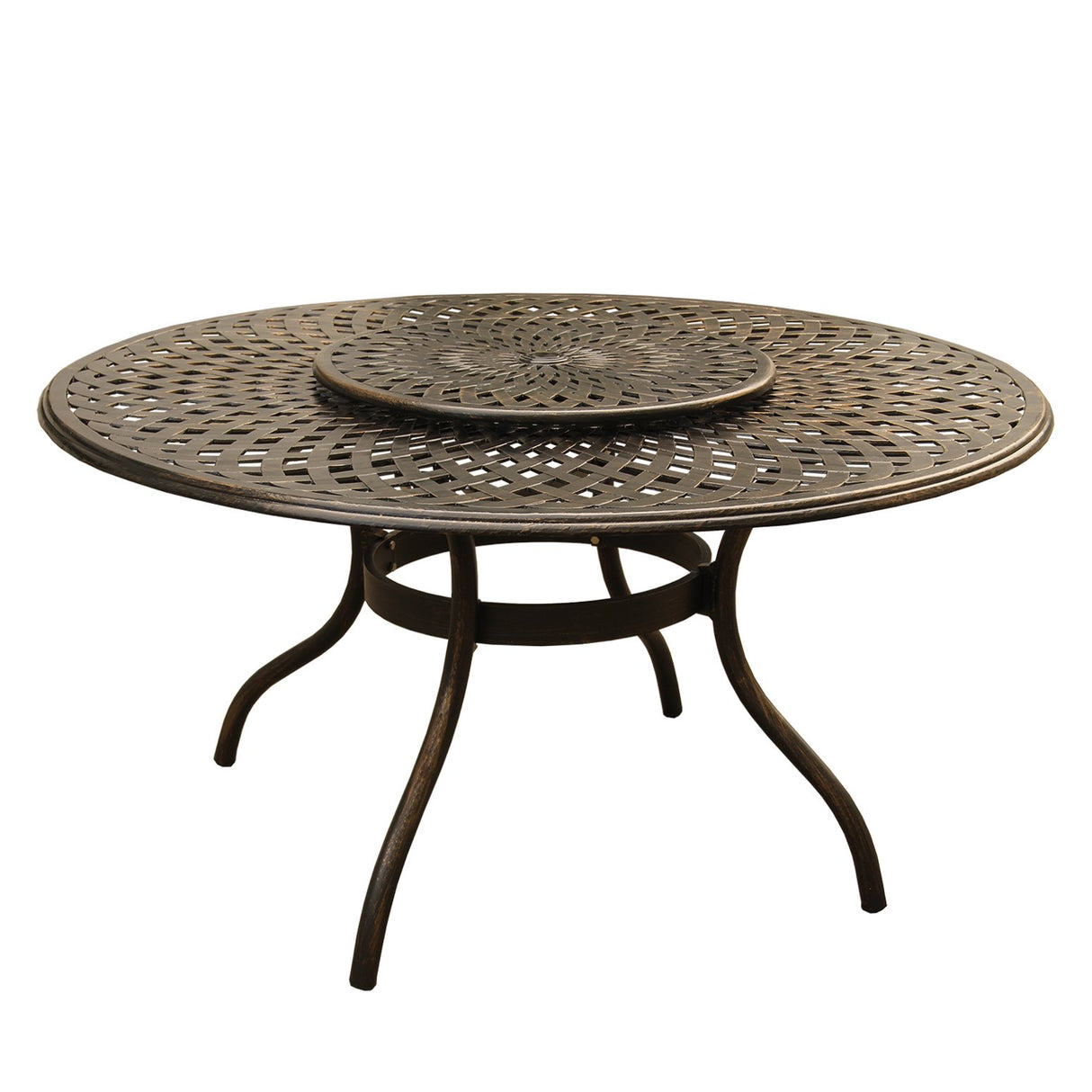 59-Inch Bronze Lazy Susan Round Patio Dining Table - Mesh Lattice Aluminum Outdoor Furniture