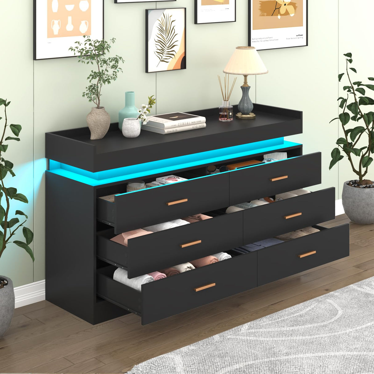 6 Drawer Dresser with LED Light, Modern Chest of Drawers