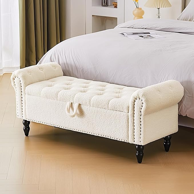 Storage Ottoman Bench for Queen Size Bed, Faux Linen Upholstered Storage Bench