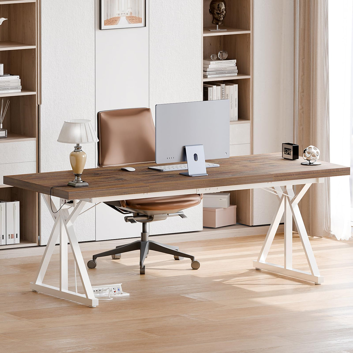 BEVAURORA 70.8-Inch Executive Desk with Power Outlet, Large Office Desk, Long Home Office Table, Big Writing Computer Tbale, Modern Work from Home Desk Office Furniture for Laptop, White