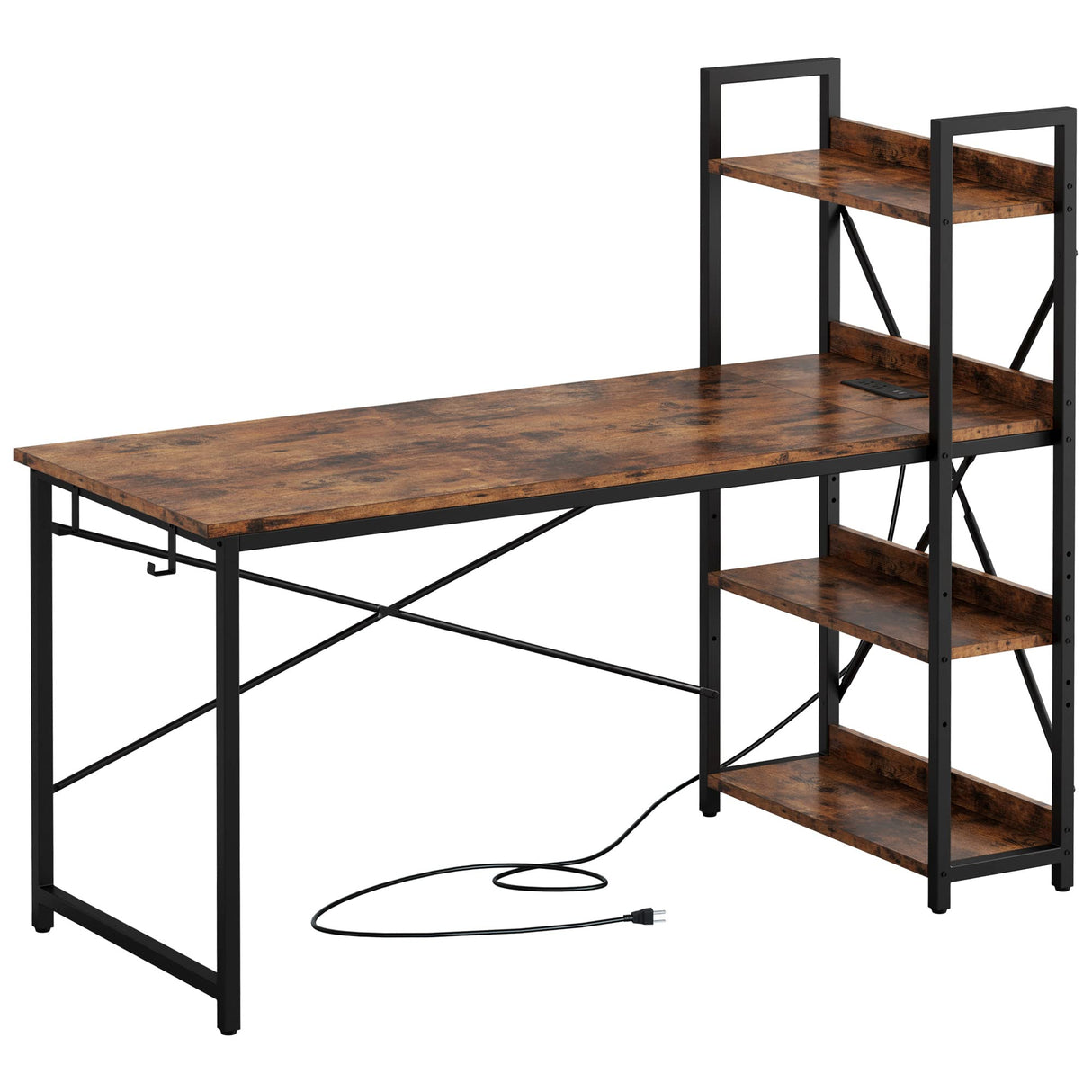Computer Desk 47" with Power Outlet and Storage Shelves, Study Writing Table with USB Ports Charging Station, PC Desk Workstation for Home Office, Rustic Brown