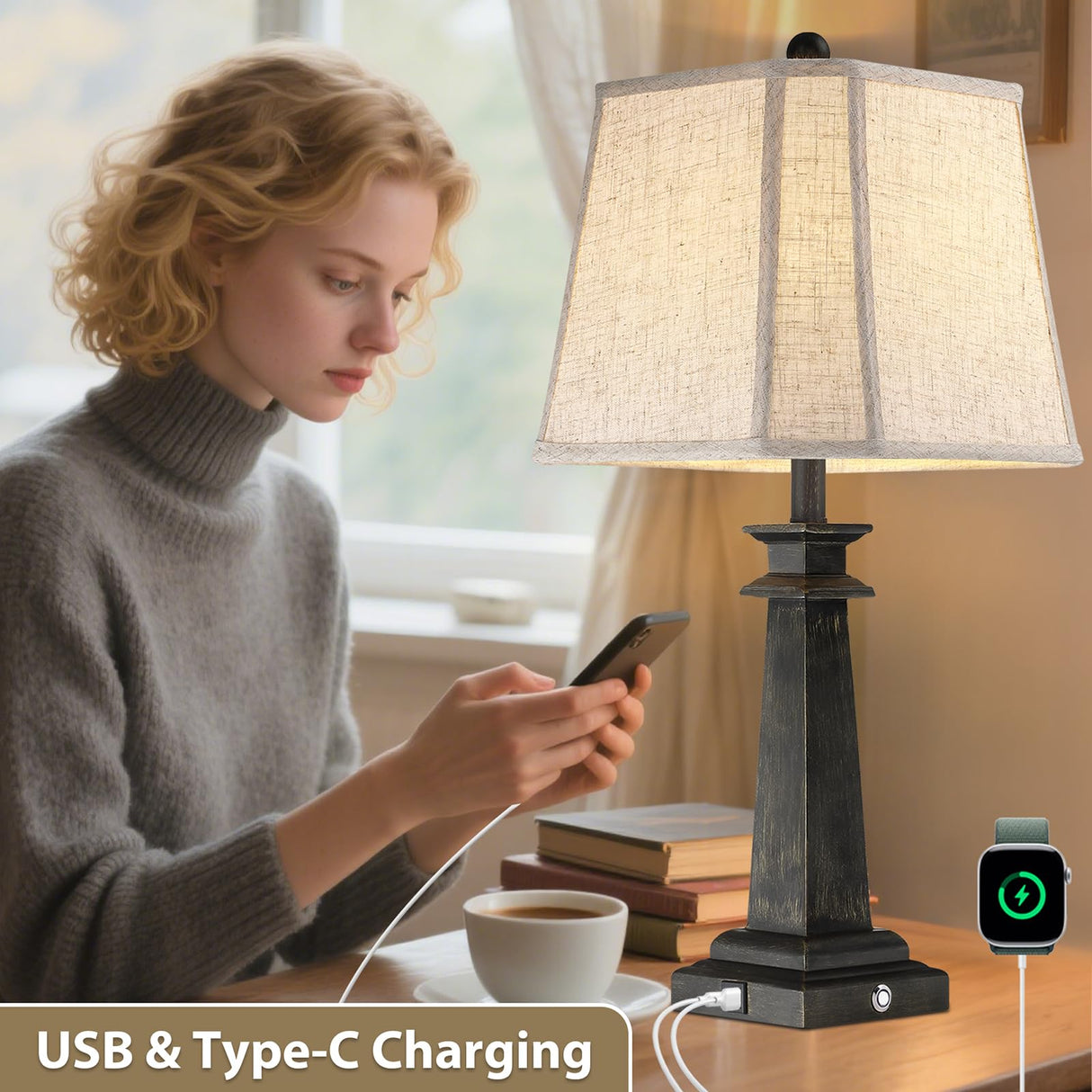27.5" Farmhouse Table Lamps Set of 2 with USB Charging Ports