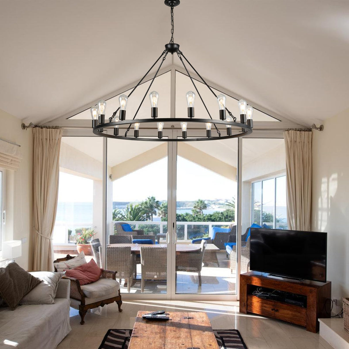 DOYFDOX 48-inch Black Wagon Wheel Chandelier, E26 16-Light Large Round Rustic Farmhouse Chandelier for High Ceilings, Living Room Foyer Entryway Hallway Villa