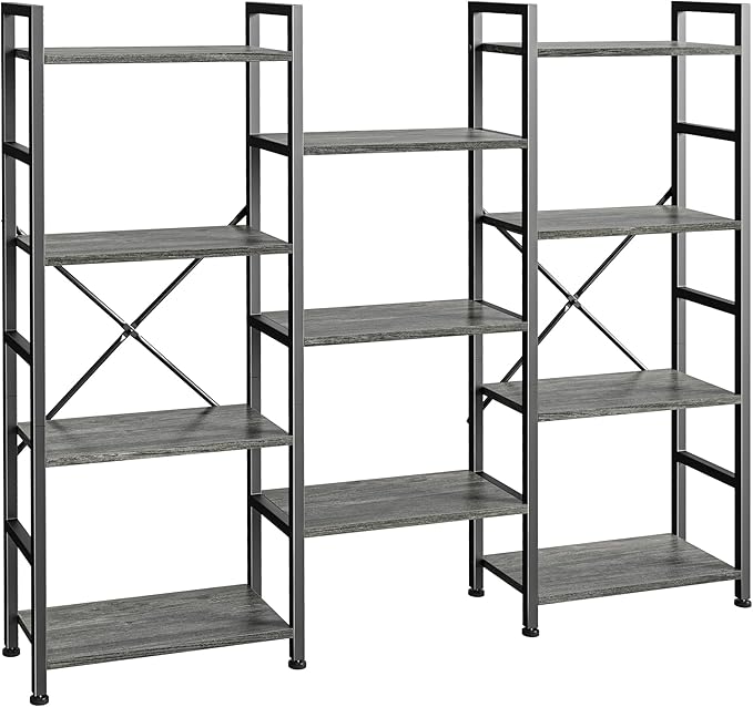 Triple 4 Tier Bookshelf, Bookcase with 11 Open Display Shelves, Wide Book Shelf Book Case for Home & Office, Rustic Brown