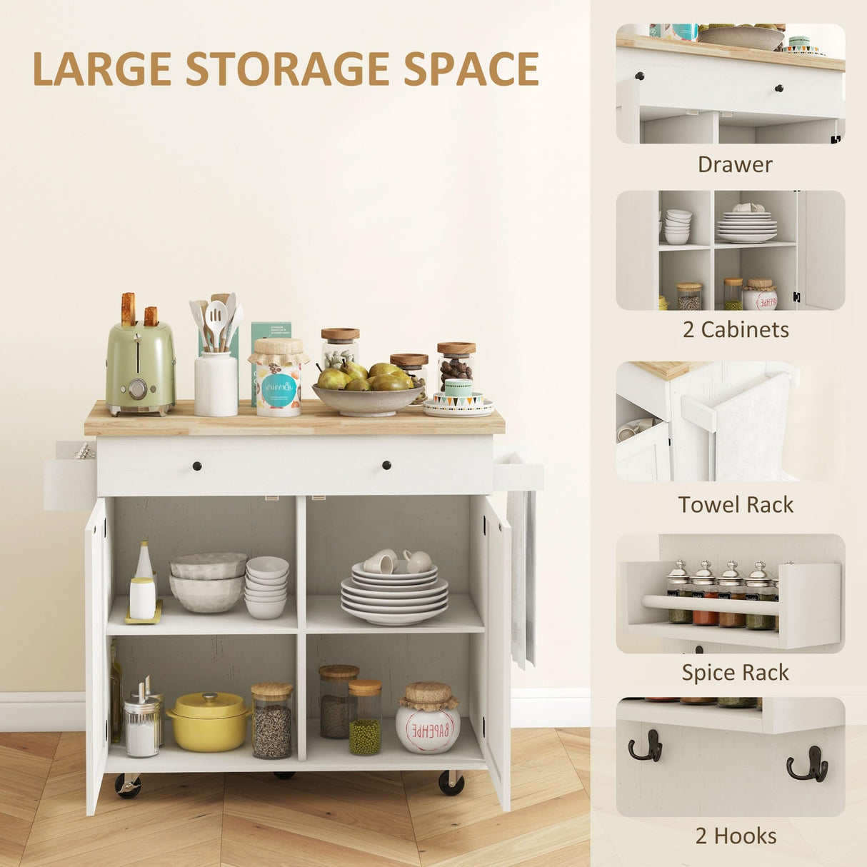 Kitchen Island with Storage, Farmhouse Rolling Kitchen Island Cart on Wheels