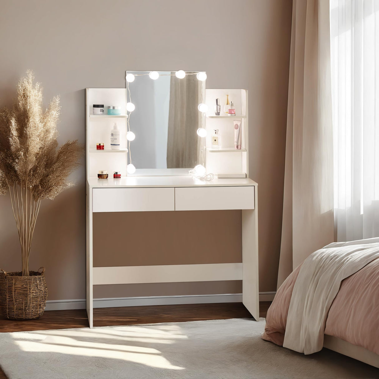 Desk with Mirror and Lights, Make Up Vanity Desk Set, Make Up Table and Stool Set