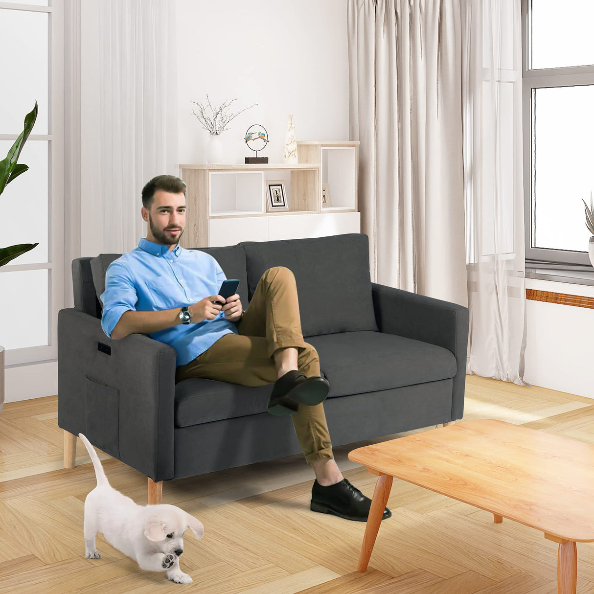 Modern Fabric Loveseat Sofa with 2 USB Charging Ports