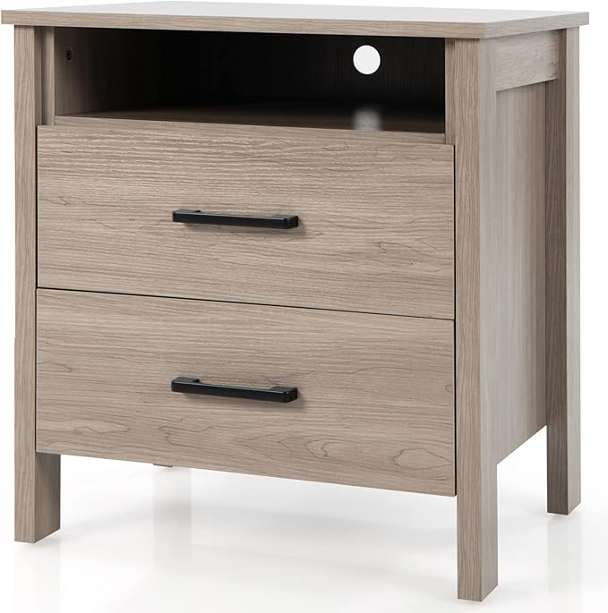Nightstand with 2 Drawers, Wooden End Side Table with Open Storage Shelf and Cable