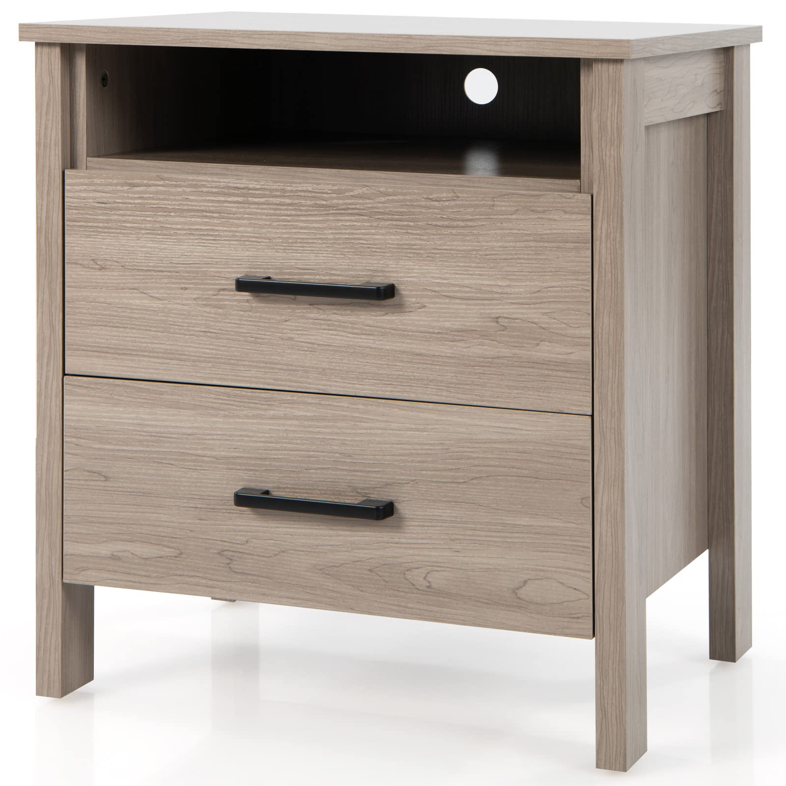 Nightstand with 2 Drawers, Wooden End Side Table with Open Storage Shelf and Cable