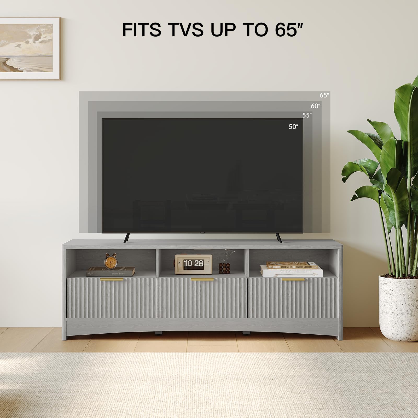 TV Stand for 50-65" TV, Fluted Modern TV Stand Entertainment Center