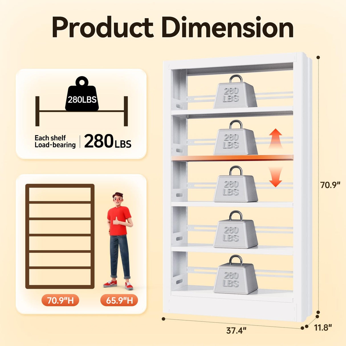 IYANEN 5 Tier Metal White Bookshelf, Heavy Duty Metal Bookcase Including Book Stopper, 71" Tall Bookcase with Adjustable Storage Shelves, Modern Bookshelf for Library, Office, School, Living Room