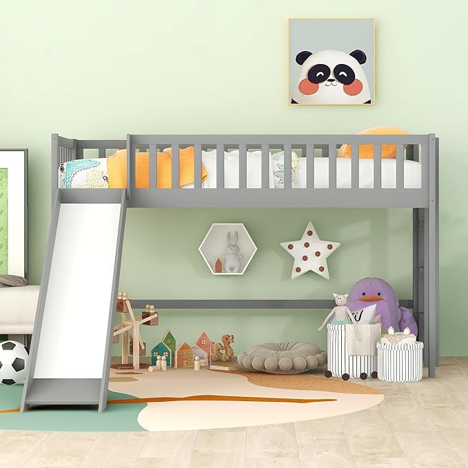 Twin Size Low Loft Bed for Kids,Loft Bed with Slide
