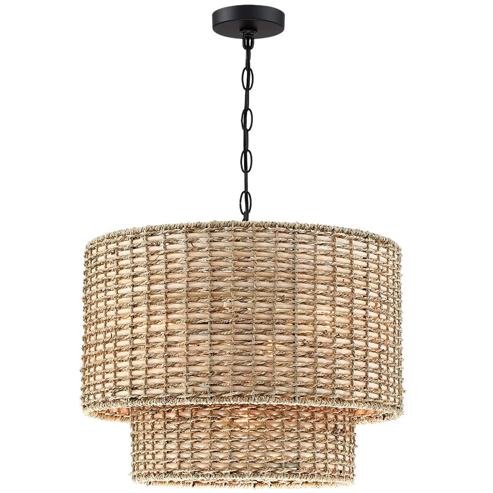 20 in. 4-Light Rattan Tiered Drum Chandelier Light with Black Canopy W Beige Bohemian