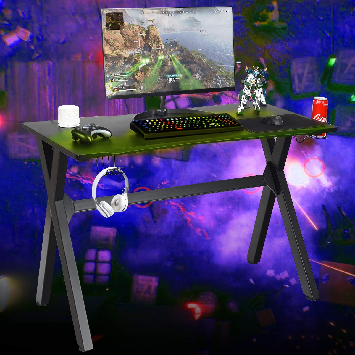 Computer Desk Gaming Desk, Ergonomic E-Sports Desk with Cup & Headphone Holder and Mouse Pad