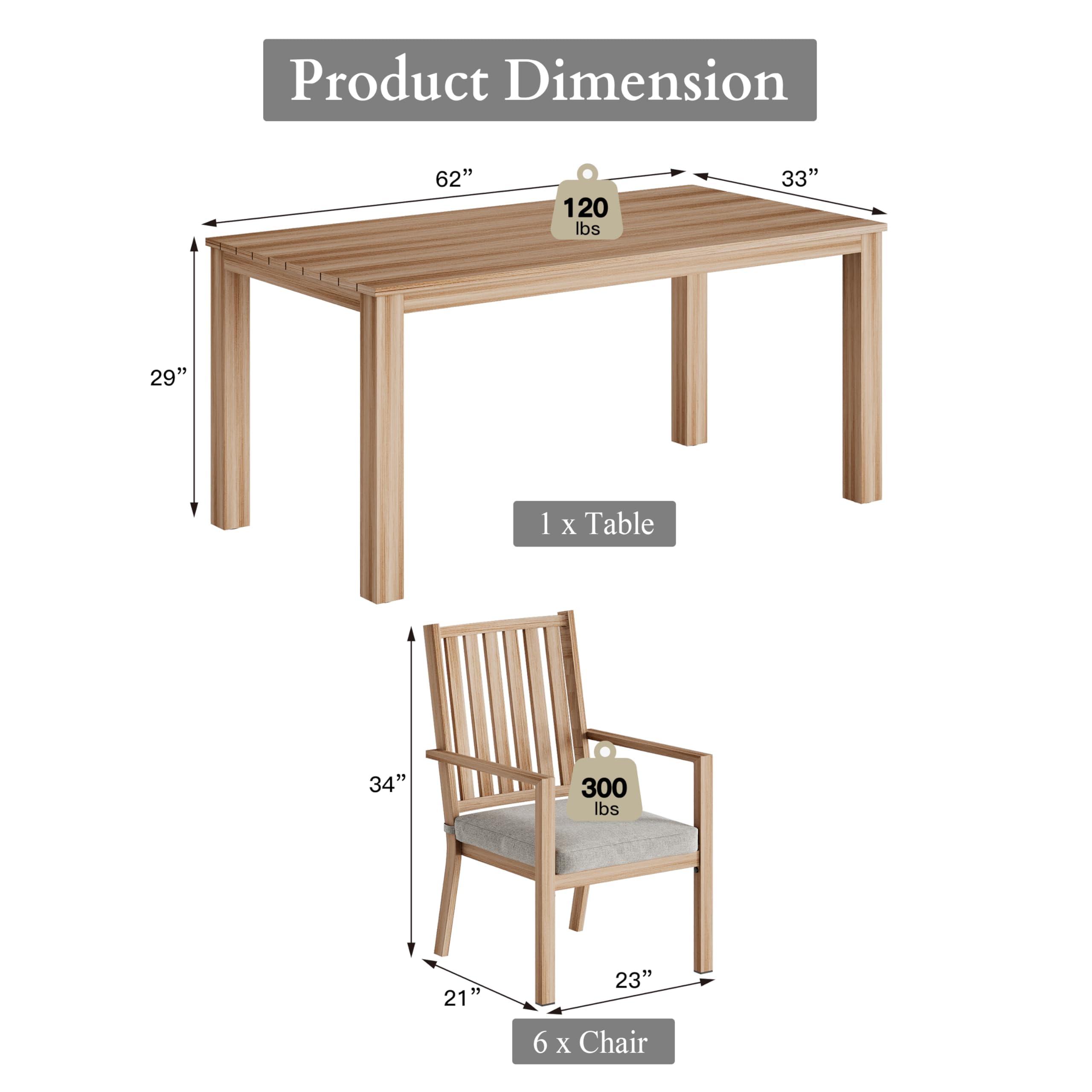 RoyalCraft Aluminum 7 Pieces Patio Dining Sets, Outdoor Dining Table with 6 Chairs, Outdoor Patio Dining Furniture Set with Removable Cushion for Lawn, Garden, Backyard, Brown