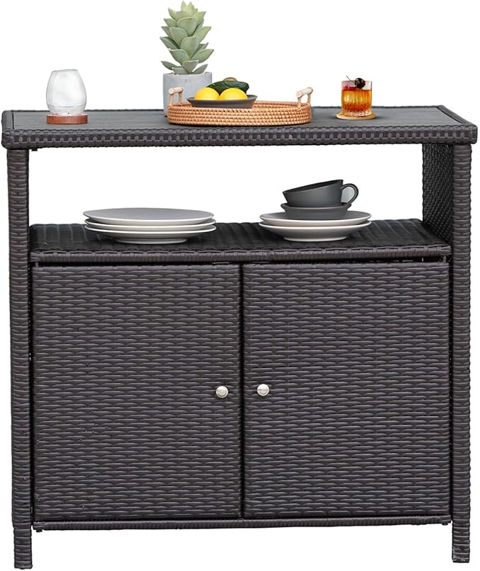 Outdoor Storage Cabinet with Walnut Wood Tabletop Weatherproof Wicker Buffet Cabinet