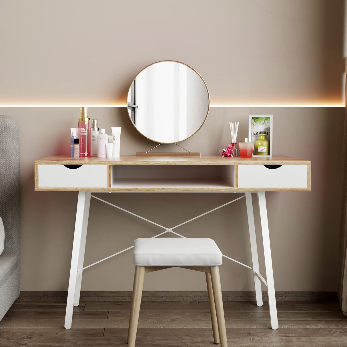 Mid Century Desk with Drawers, 47 inches Writing Study Desk with 2 Drawer and Opening