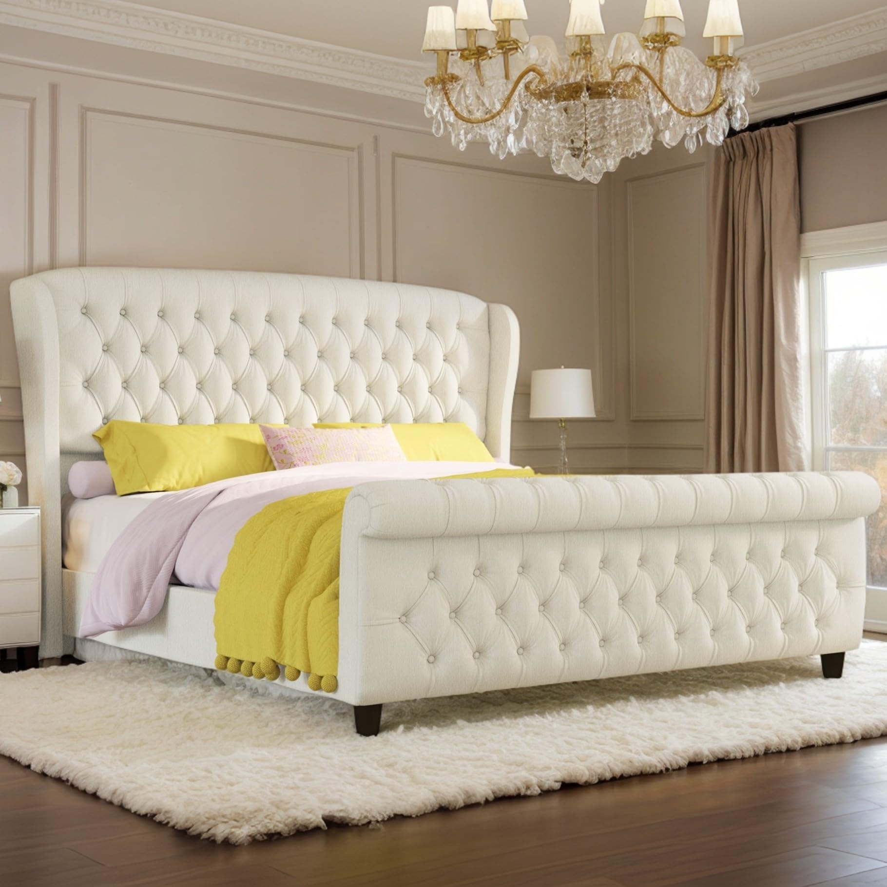 King Size Platform Bed Frame, Chenille Upholstered Sleigh Bed