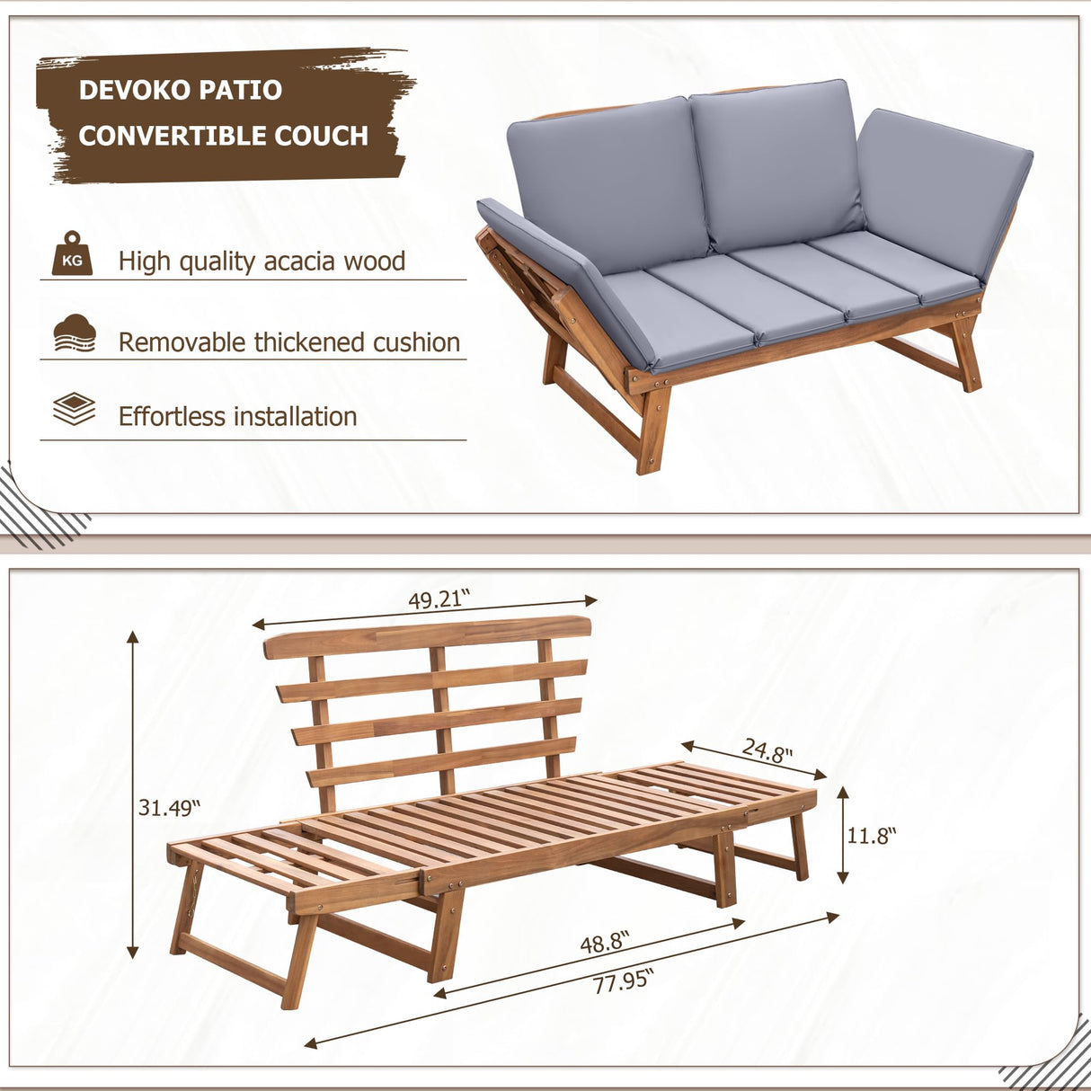 Outdoor Couch Acacia Wood Patio Couch with Adjustable Armrest