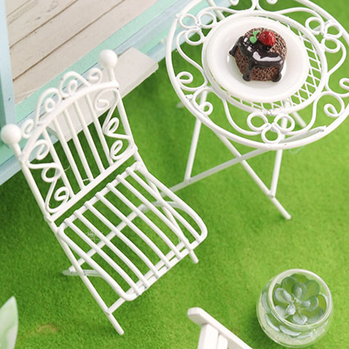 White Metal Bistro Set - 1/12 Scale Miniature Table and Chairs for Dollhouse & Fairy Garden