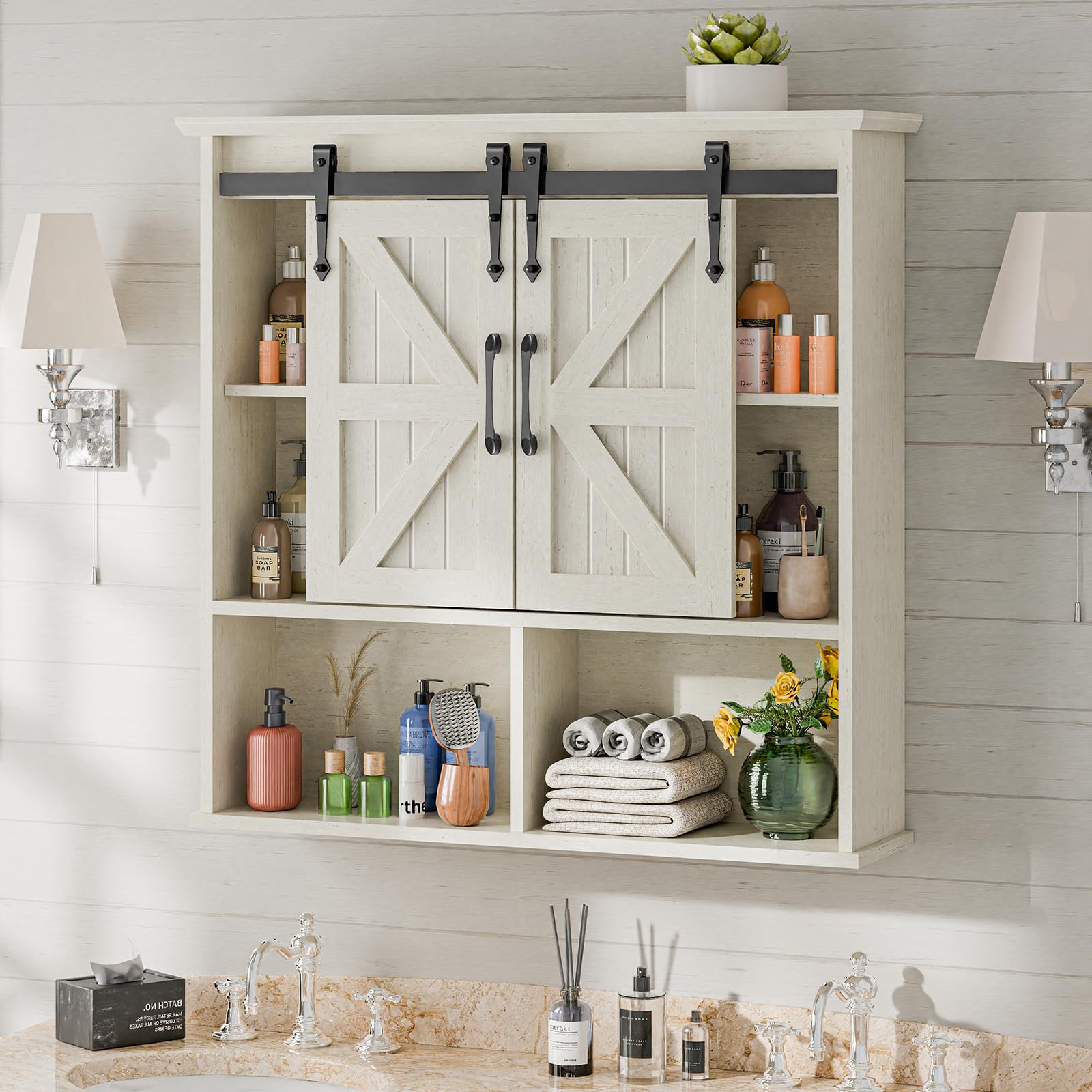 Bathroom Wall Cabinet, Farmhouse Medicine Cabinet with Double Sliding Barn Door and Adjustable Shelves, Wooden Vintage Storage Cabinet Wall Mounted for Bathroom, Kitchen Dining, White