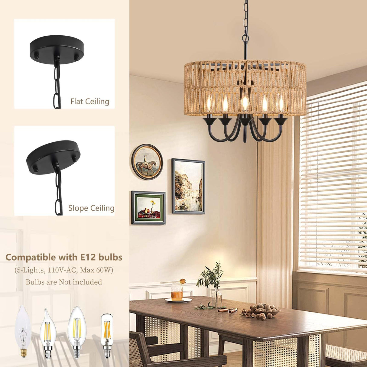 Rattan Chandelier Light Fixtures, 19.6" Hand-Woven Pendant Light with Wicker Shade, 5