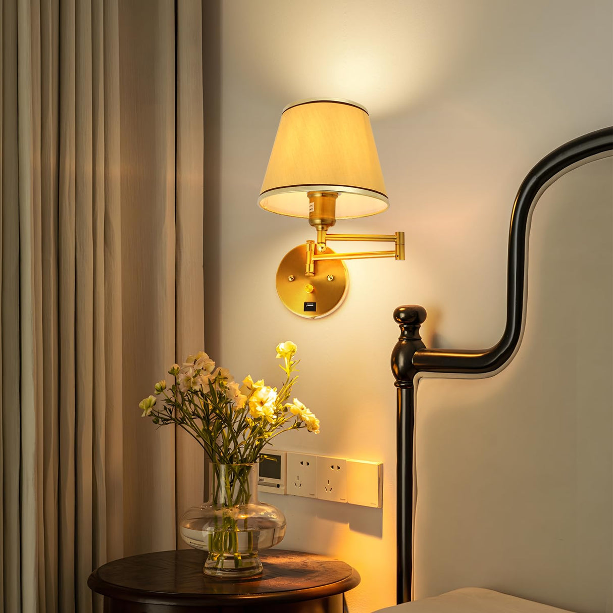 Plug-in Wall Sconce Swing Arm 1-Light Wall Mount Lamp with USB Charging Port Wall