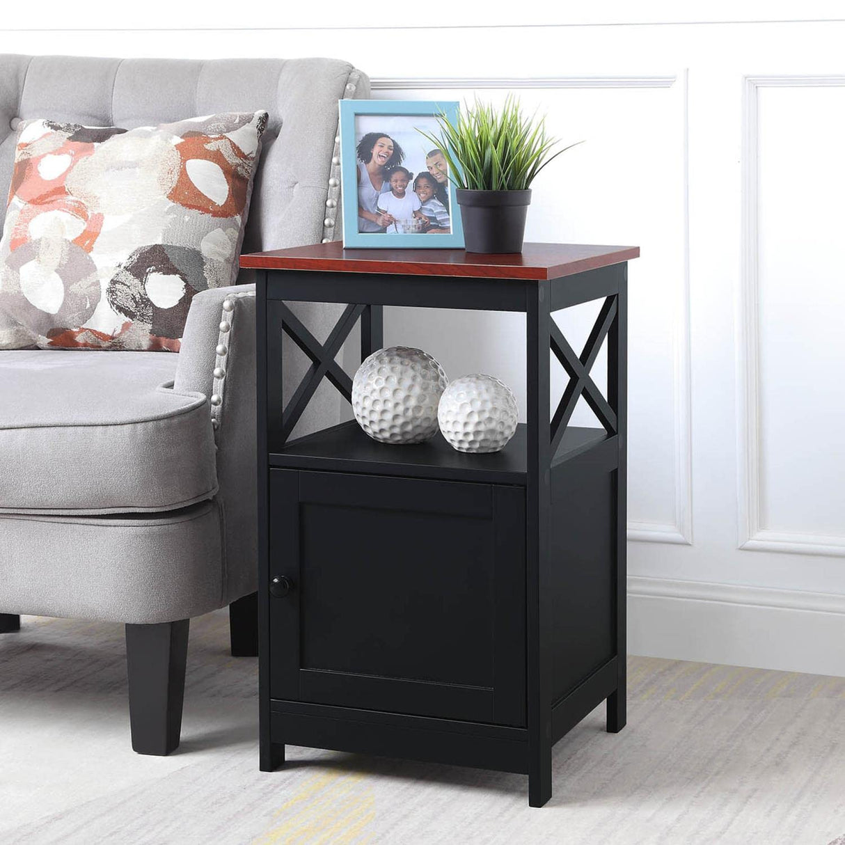 Oxford End Table with Storage Cabinet and Shelf, Cherry/Black