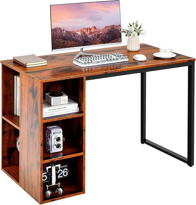 Computer Desk with Storage Shelves, Home Office Desk with 5 Side Shelves & Metal Frame