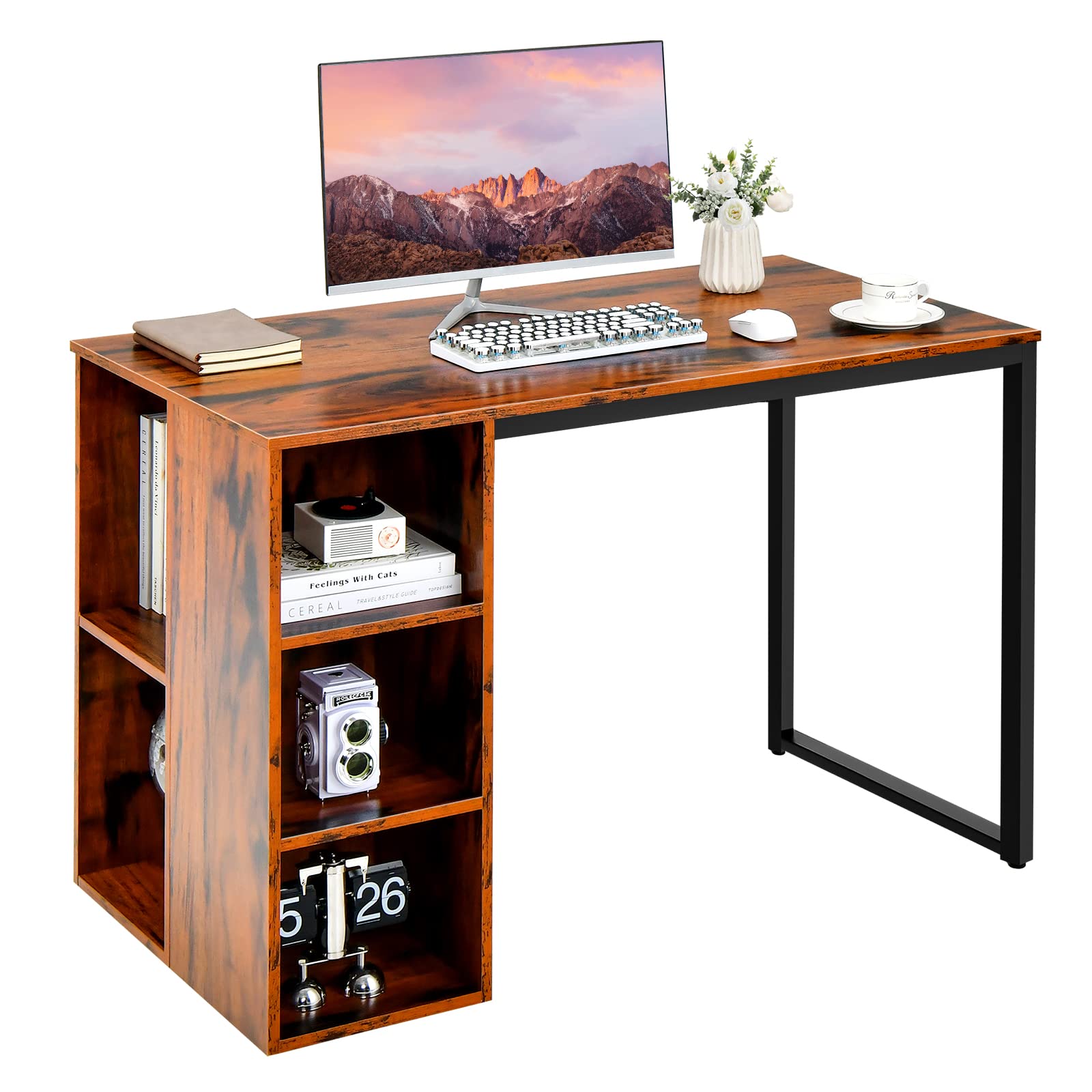 Computer Desk with Storage Shelves, Home Office Desk with 5 Side Shelves & Metal Frame