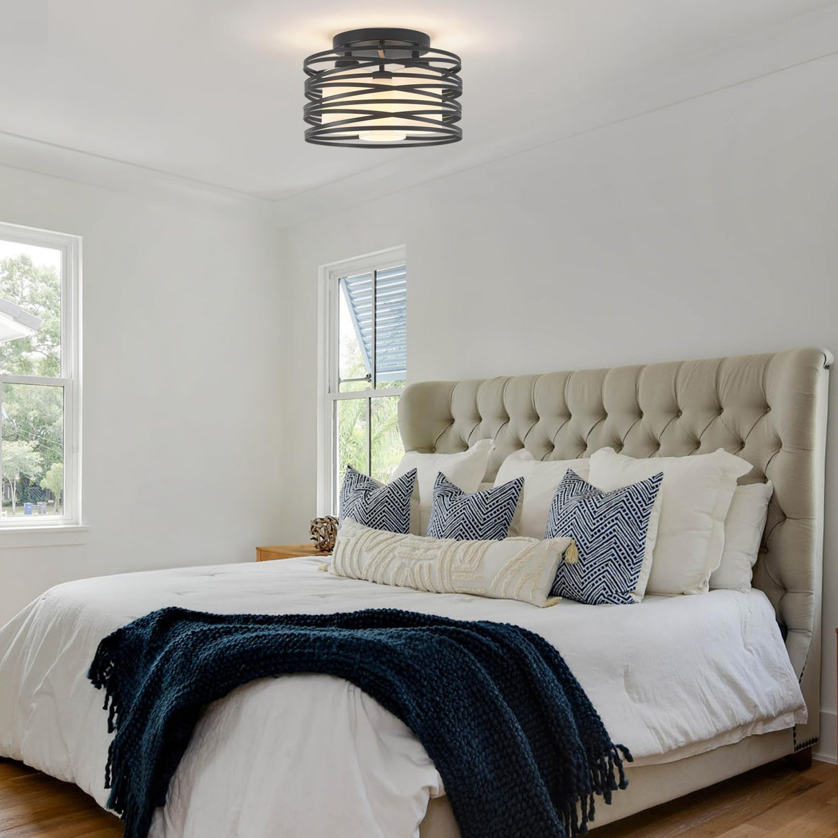 Black Flush Mount Ceiling Light - 3-Light Drum Semi Flush Mount