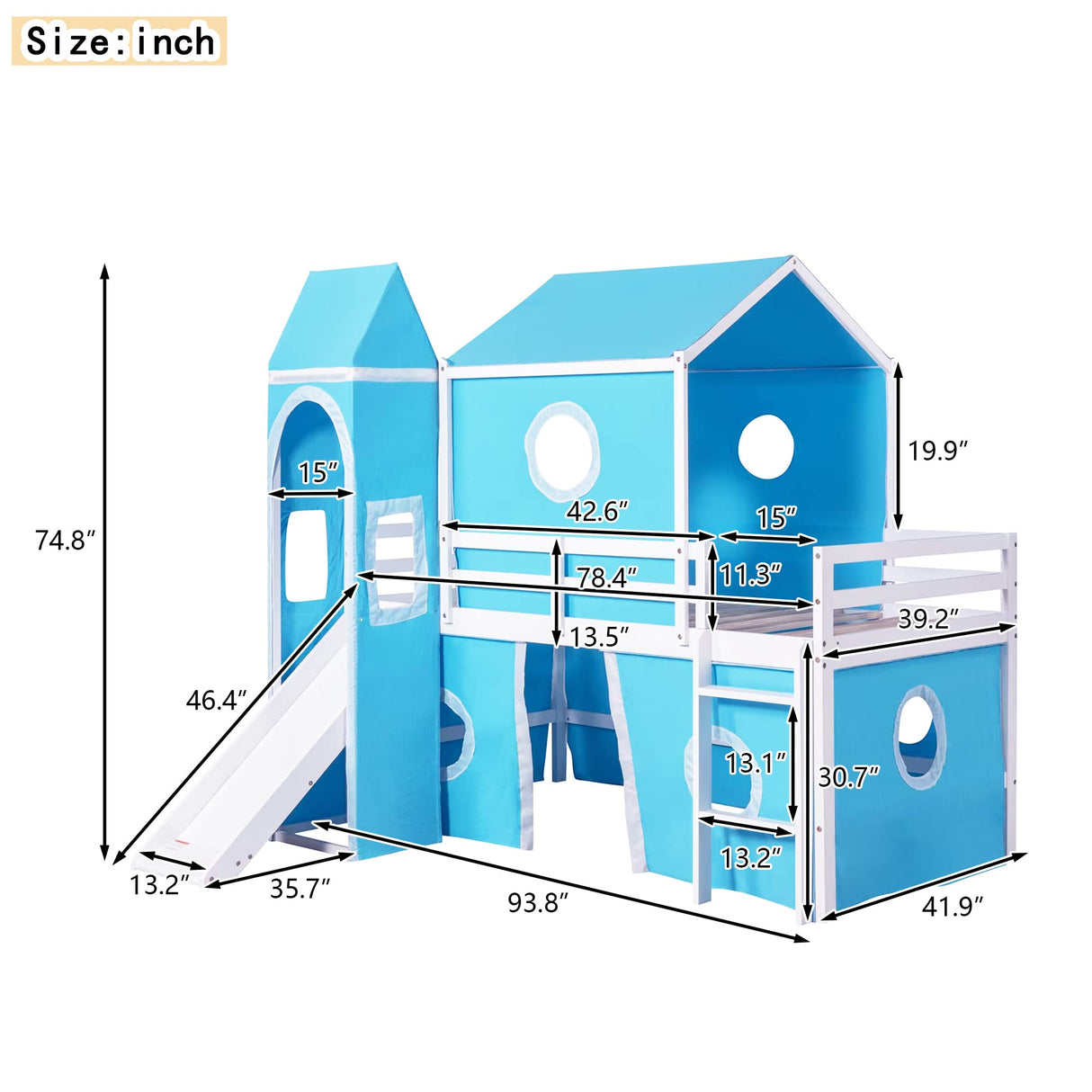 Playhouse Loft Bed,Twin Size House Bunk Bed with Slide Tent and Tower,Solid Wood Bunk Bed Frame with Roof Design and Fence Shaped Guardrails,Castle-Shaped Bunk Bed for Boys Girls,Blue