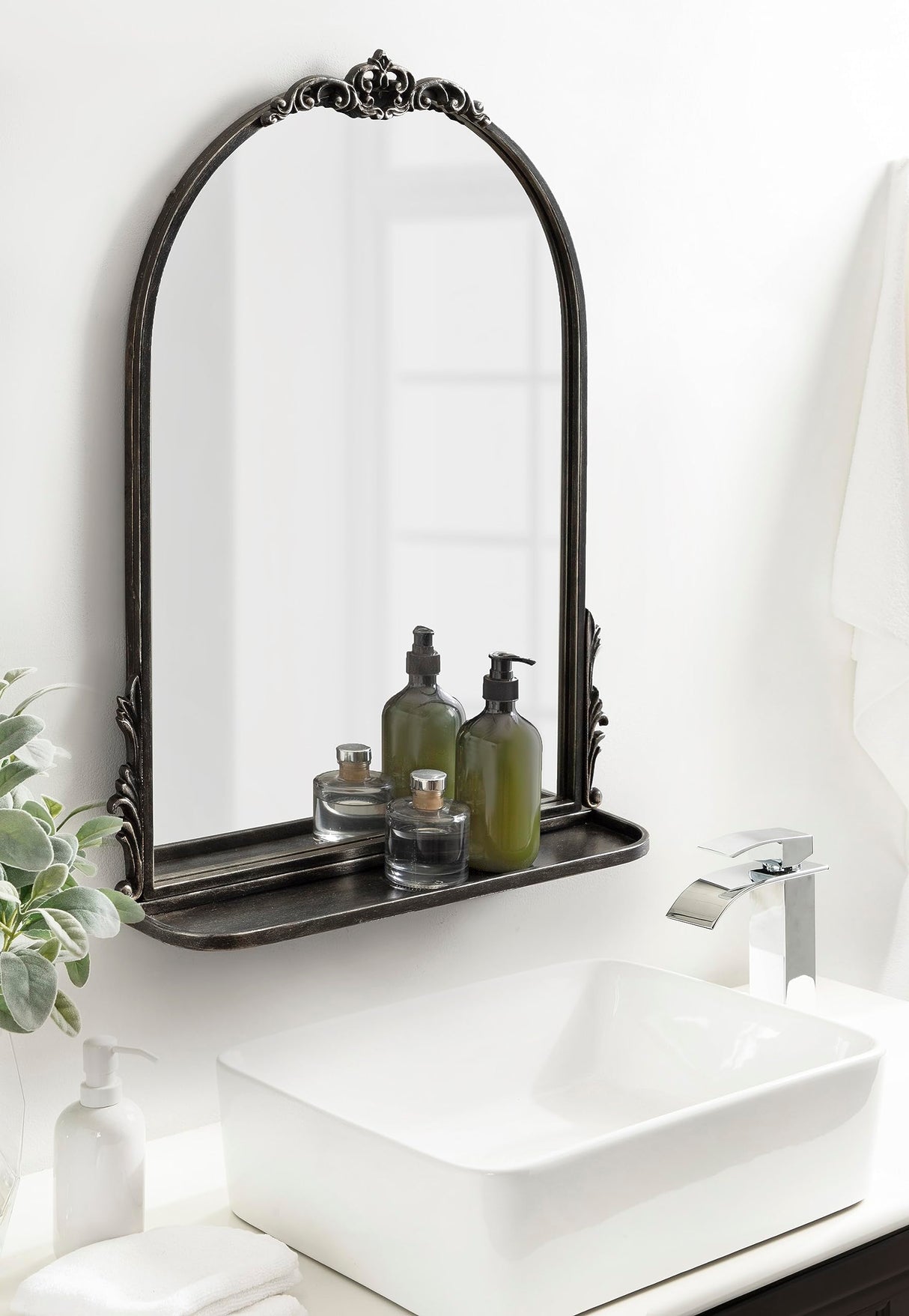 Arched Mirror with Shelf - 21x28 Antique Black