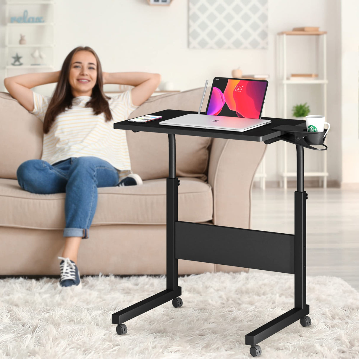 Standing Desk Adjustable Height, Stand Up Desk with Cup Holder, Portable Laptop Desk, Mobile, Small Computer Desk, Bedside Table, Black Rolling Desk, Work Desk for Home Office