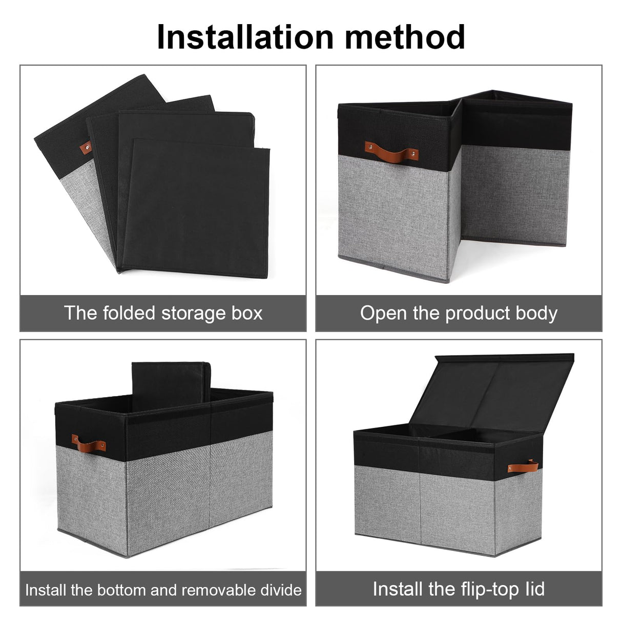 Large Toy Storage Box with Lid, Sturdy Toys Storage Chest Bin Organizer Basket with Dividers for Kids, Boys, Girls, Nursery, Closet, Bedroom, Playroom 25"x13" x16" (Black and Grey)