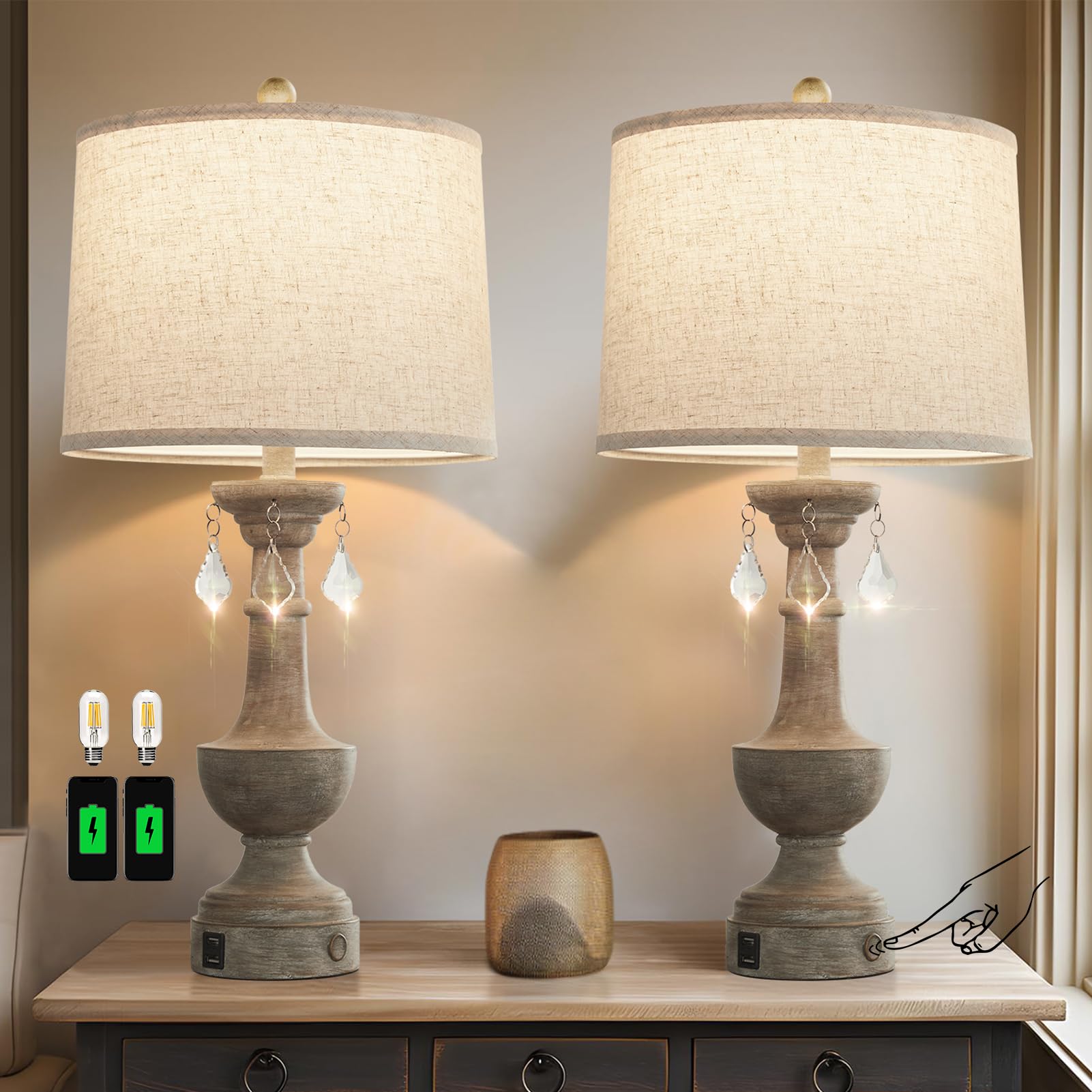 Set of 2 Touch Farmhouse Table Lamps for Living Room, 3 Way Dimmable Rustic Lamp