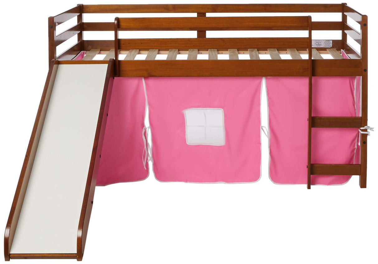 Kids Low Loft Bed with Slide with Tent, Twin, Light Espresso/Pink