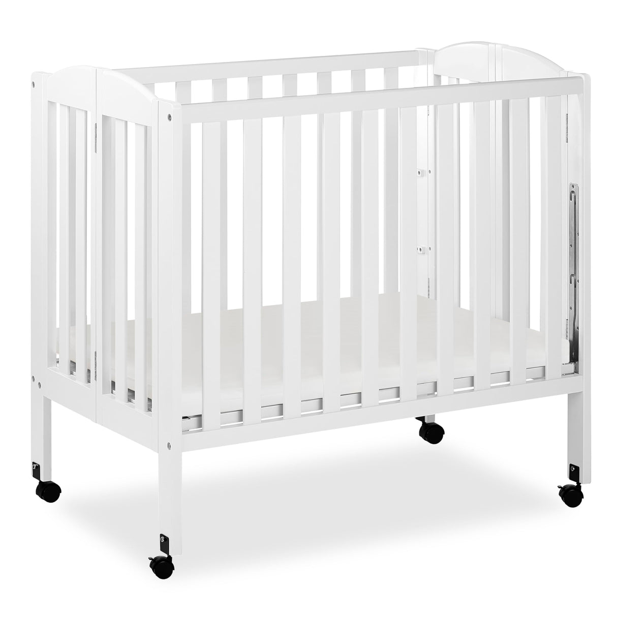 3 in 1 Portable Folding Stationary Side Crib in White, Greenguard Gold Certified, Safety Wheel with Locking Casters, Convertible, 3 Mattress Heights