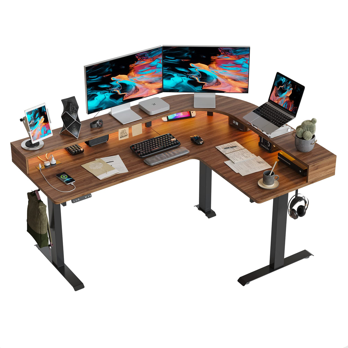 Triple Motor L Shaped Stadning Desk with LED Strip & Power Outrlets,63 inches Height