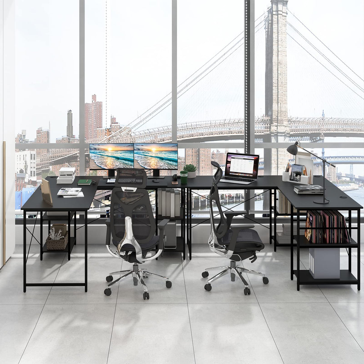 L Shaped Computer Desk, 60" Reversible Corner Desk with 4 Storage Shelves & Cable