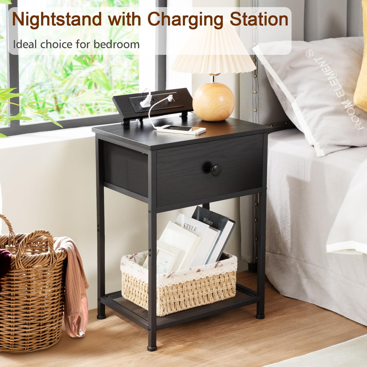 Night Stand, Black Nightstand Set of 2