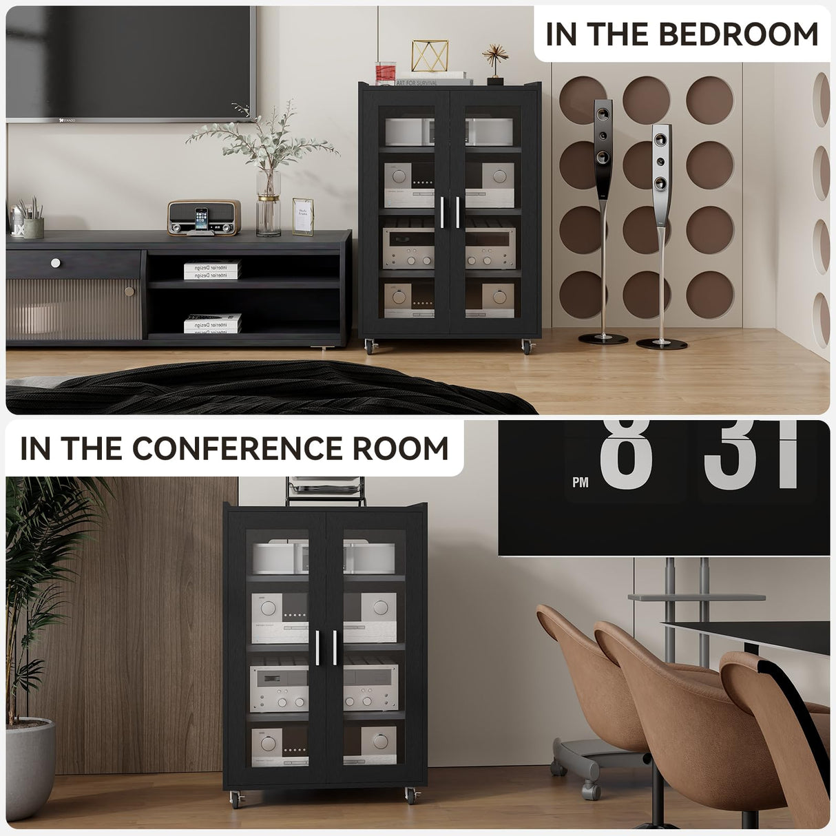 ELECWISH Stereo Cabinet, Media Storage Cabinet, Audio-Video Media Stand with 4 Height-Adjustable Shelves, AV Cabinet Audio Rack with Glass Doors for Meeting, Living, Recording Room