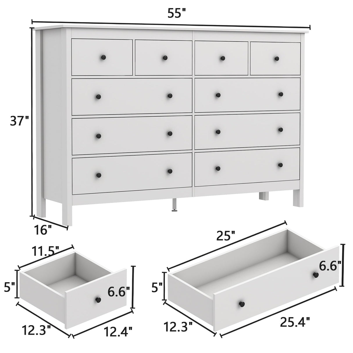 10 Drawer Dresser, 55" Modern White Dresser & Chests of Drawers