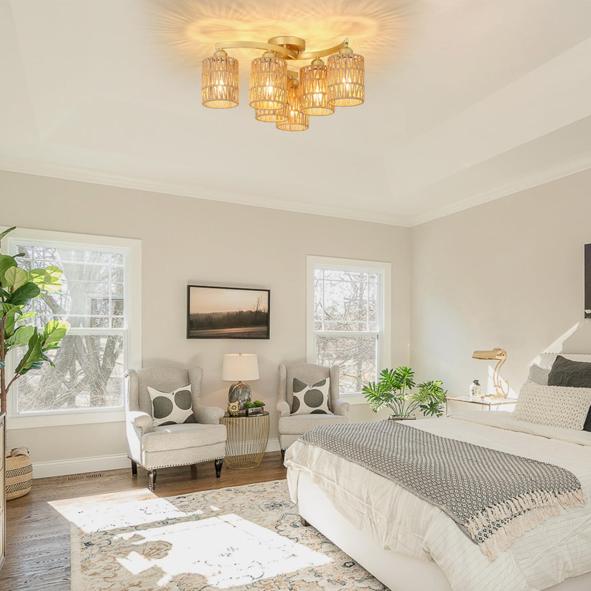 Gold Ceiling Light Fixture, Hand-Woven Rattan Flush Mount Ceiling Light, Bedroom